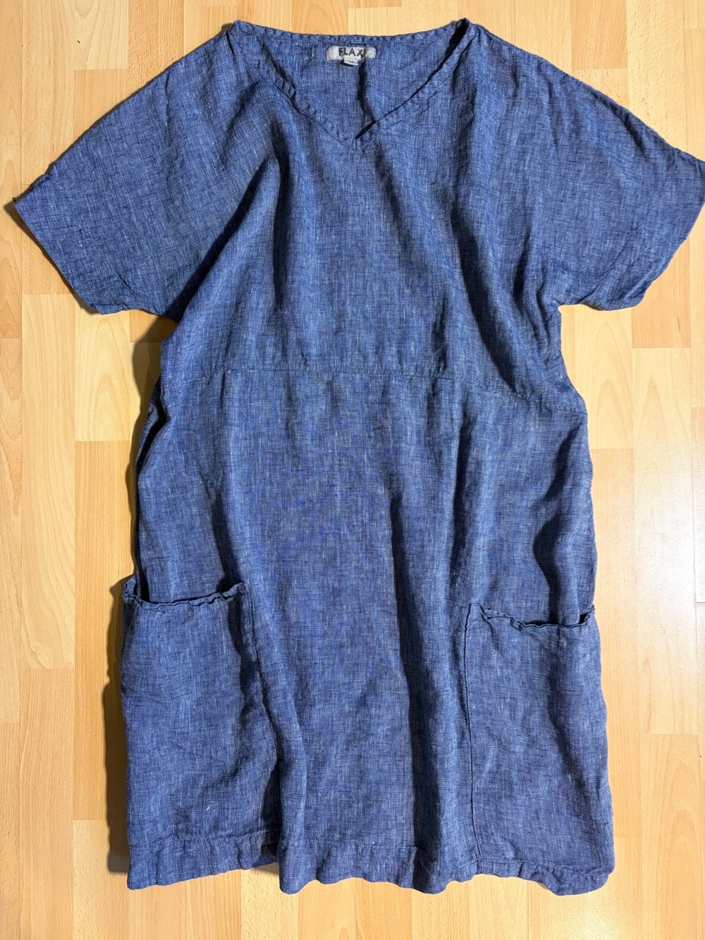 Flax Indigo 100% Linen V Neck Tunic Shift Mini Dress with Pockets Medium